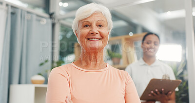 Buy stock photo Happy, physical therapy and portrait of senior woman in clinic for rehabilitation consultation. Smile, physiotherapist and elderly female patient at checkup for muscle recovery at medical center.