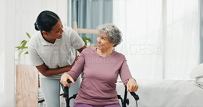 Buy stock photo Old woman, physiotherapist and smile in wheelchair at clinic with good news, discussion and recovery. Elderly person with disability, happy and conversation with rehabilitation at wellness center
