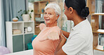 Physiotherapist, old woman and stretching with arms, smile or support with recovery for injury. People, physical therapy and guide with balance for circulation, mobility and flexibility in retirement