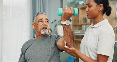 Buy stock photo Clinic, physio and senior man with dumbbells for mobility exercise, rehabilitation and guidance. Health, professional and old patient with weights for physical therapy, arthritis and healing support