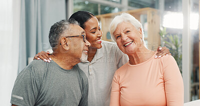Buy stock photo Physical therapy, happy and fitness with old couple in office for support, healthcare and rehabilitation. Smile, wellness and consulting with senior people in physiotherapist clinic for workout help