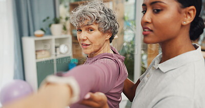 Buy stock photo Physiotherapist, old woman and happy for stretching with arms, support and recovery for injury. People, physical therapy and guide with balance for circulation, mobility and muscle in retirement