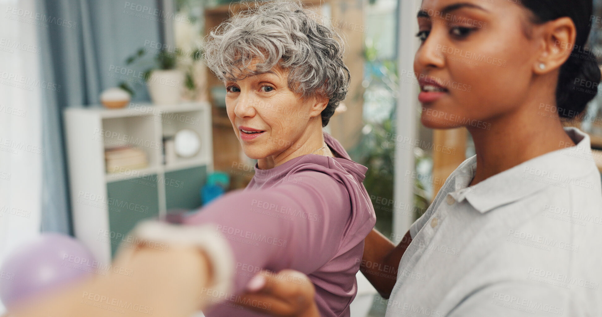 Buy stock photo Physiotherapist, old woman and happy for stretching with arms, support and recovery for injury. People, physical therapy and guide with balance for circulation, mobility and muscle in retirement