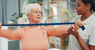 Buy stock photo Old woman, physiotherapist and resistance band at clinic for recovery, stretching arms or support. People, guide and helping hand with rehabilitation for injury, muscle wellness or talk in retirement