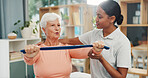 Old woman, physiotherapist and resistance band at clinic for stretching arms, recovery or muscle wellness. People, smile and guide with rehabilitation for injury, flexibility or support in retirement