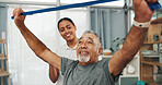 Clinic, physio or senior man with resistance band for stretching, joint flexibility or rehabilitation. Healthcare, expert or old patient with exercise for functional mobility, healing support or help