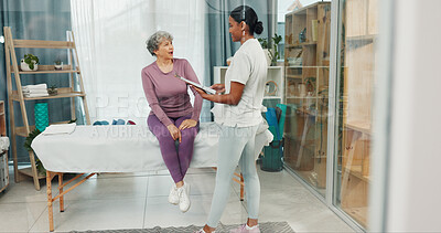 Buy stock photo Old woman, physiotherapy and feedback with clipboard, documents or good news for healing at clinic. Happy people, elderly patient and healthcare report for rehabilitation, consultation or recovery