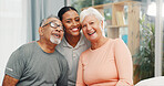 Physical therapy, support and fitness with old couple in office for portrait, healthcare and rehabilitation. Happy, wellness and consulting with people in physiotherapist clinic for workout help