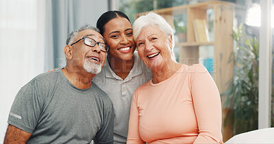 Buy stock photo Physical therapy, support and fitness with old couple in office for portrait, healthcare and rehabilitation. Happy, wellness and consulting with people in physiotherapist clinic for workout help