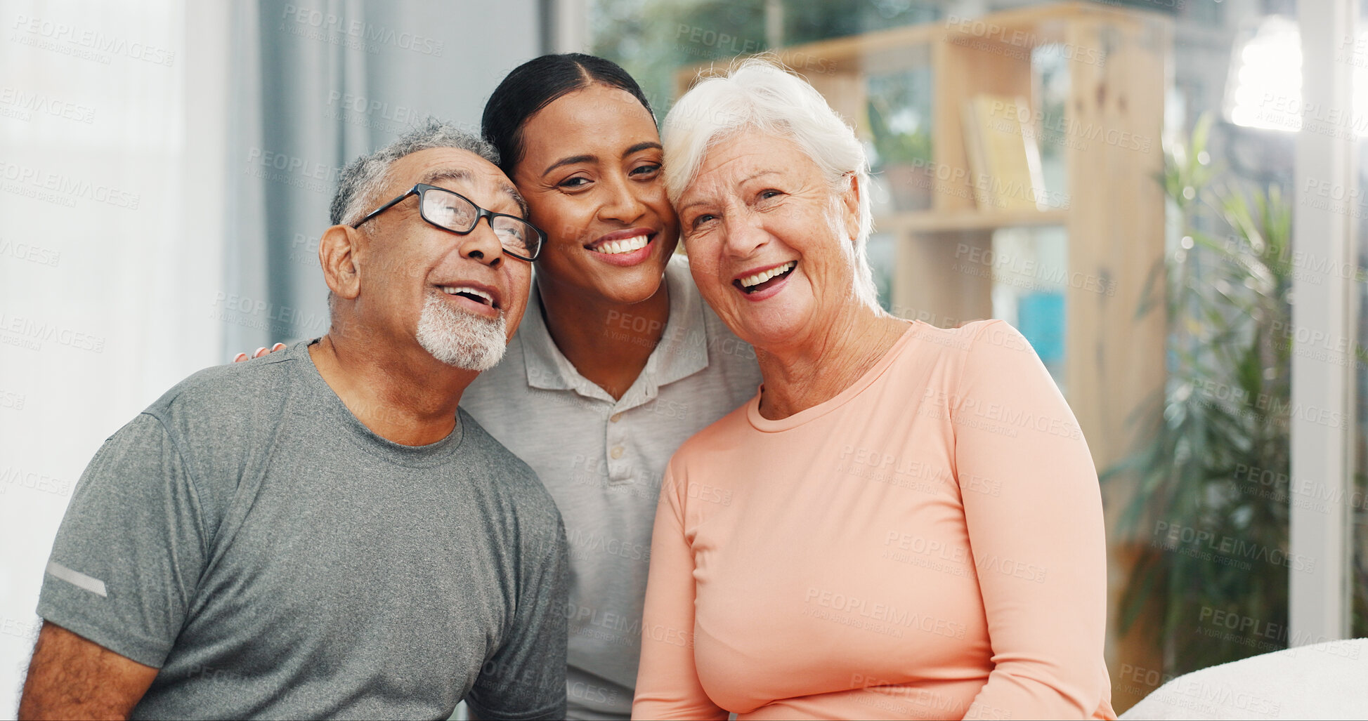 Buy stock photo Physical therapy, support and fitness with old couple in office for portrait, healthcare and rehabilitation. Happy, wellness and consulting with people in physiotherapist clinic for workout help