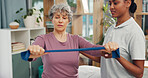 Old woman, physiotherapist and resistance band at clinic for rehabilitation, recovery or muscle wellness. People, smile and guide with stretching arms for injury, flexibility or support in retirement