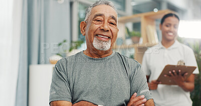 Buy stock photo Consulting, smile and physiotherapy with old man in office for healthcare, rehabilitation and orthopedic help. Physical therapy, chiropractic recovery and portrait of person in clinic for support