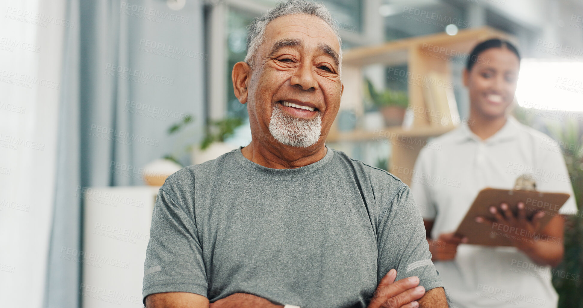 Buy stock photo Consulting, smile and physiotherapy with old man in office for healthcare, rehabilitation and orthopedic help. Physical therapy, chiropractic recovery and portrait of person in clinic for support