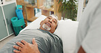 Consulting, happy and physiotherapy with old man in office for healthcare, rehabilitation and orthopedic help. Physical therapy, chiropractic recovery and checkup with person in clinic for support