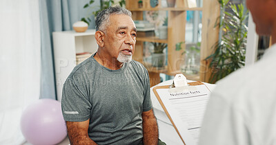 Buy stock photo Old man, physiotherapy and paperwork with clipboard, smile or nutrition facts for healing at clinic. People, patient and healthcare professional with report, feedback and consultation with diet info