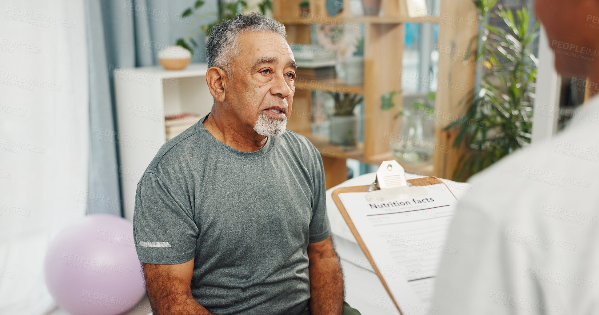 Buy stock photo Old man, physiotherapy and paperwork with clipboard, smile or nutrition facts for healing at clinic. People, patient and healthcare professional with report, feedback and consultation with diet info