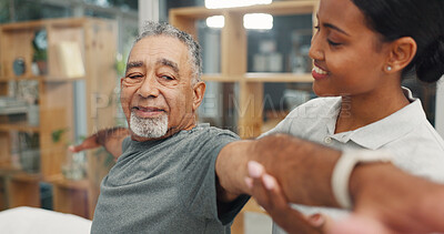 Buy stock photo Physiotherapist, old man and stretching for arms at clinic, happy or support with recovery for injury. People, smile and guide with balance for circulation, mobility and exercise in retirement