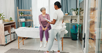 Buy stock photo Clipboard, physiotherapist or consulting old woman for health assessment, rehabilitation or results. Medical, senior patient and professional with notes for progress report, healing update or support