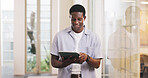 Review, smile or black man in office with tablet, draft edit or source feedback for article update. Happy, creative or journalist with tech, proofreading or industry research for publication.