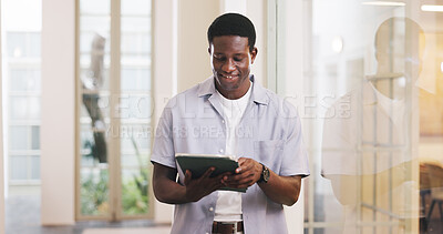 Buy stock photo Review, smile or black man in office with tablet, draft edit or source feedback for article update. Happy, creative or journalist with tech, proofreading or industry research for publication.