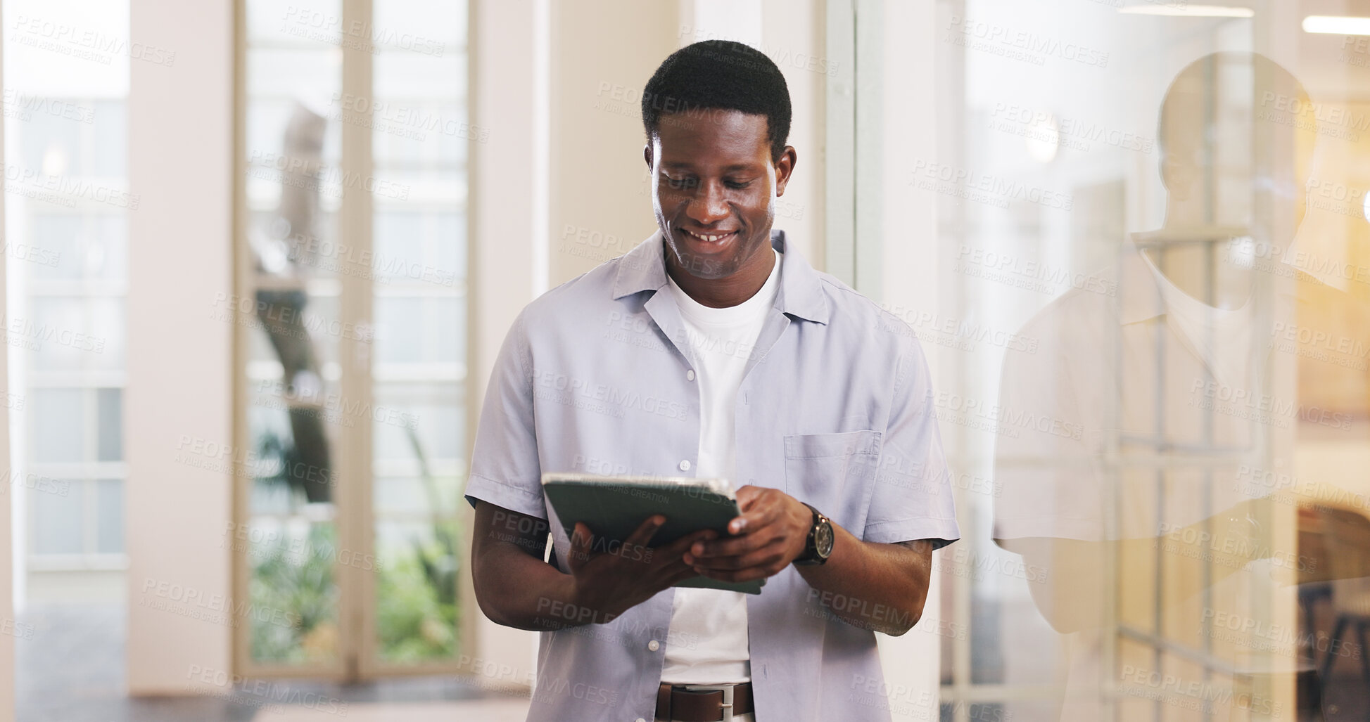 Buy stock photo Review, smile or black man in office with tablet, draft edit or source feedback for article update. Happy, creative or journalist with tech, proofreading or industry research for publication.