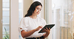 Review, journalism or woman in office with tablet, draft edit or source feedback for article update. Reading, press or copywriter with tech, proofreading or industry research for publication.