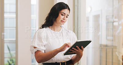 Buy stock photo Review, journalism or woman in office with tablet, draft edit or source feedback for article update. Reading, press or copywriter with tech, proofreading or industry research for publication.