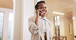 Business, black woman and laugh with phone call in office for discussion, schedule and reporter chat. Journalist, conversation and listening to funny feedback, client contact and article publication
