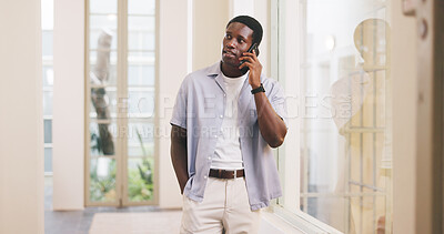 Buy stock photo Negotiation, planning and black man with phone call in agency, campaign framework or launch timeline. Contact, mobile or marketer with brand development proposal, ads guidelines or demographic trends