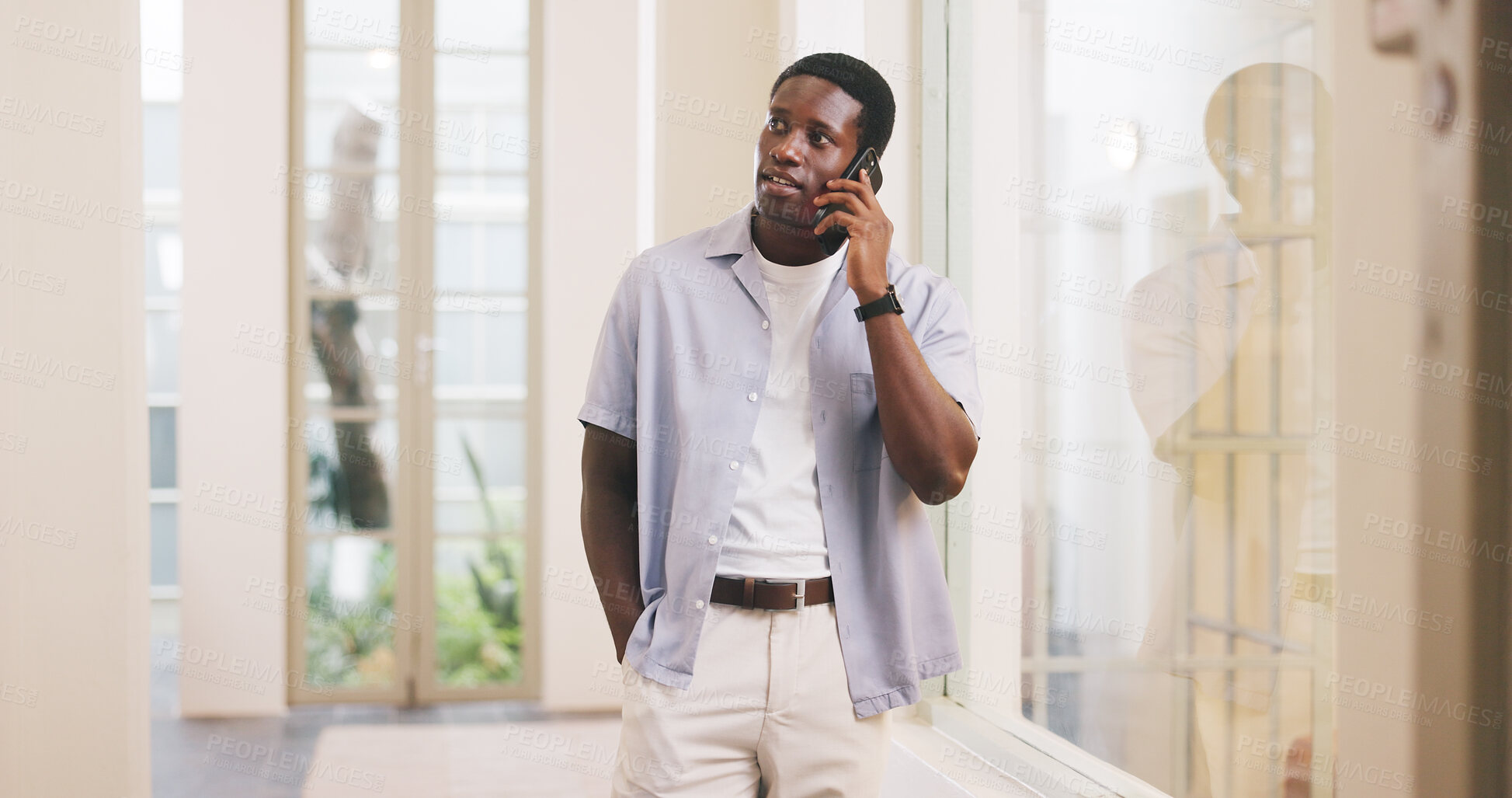 Buy stock photo Negotiation, planning and black man with phone call in agency, campaign framework or launch timeline. Contact, mobile or marketer with brand development proposal, ads guidelines or demographic trends
