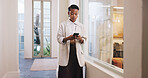 Reading, planning or black woman with phone in agency, check email or schedule update for campaign. Project management, internet or marketer with tech for research, demographic trends or notification
