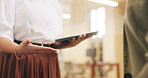 Business woman, hands and tablet in office for communication, meeting and schedule planning. Discussion, digital tech and conversation for proposal, agenda and project management at workplace