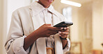Woman, hands and social media in office with phone, typing text message or alert for business email. Person, scroll or check notification in workplace with tech, mobile app or browse for online chat.