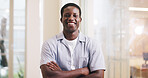 Journalist, portrait or black man in workplace with arms crossed, experience and pride in media job. Happy person, creative or copywriter in office, press and career growth in publishing industry