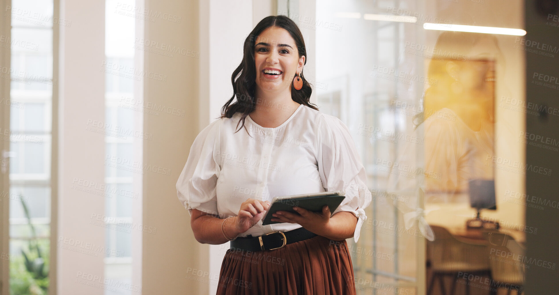 Buy stock photo Review, portrait or woman in office with tablet, draft edit or source feedback for article update. Happy, press or journalist in agency with tech, proofreading or industry research for publication.