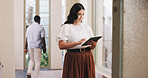 Review, draft or woman in lobby with tablet, column edit or source feedback for article update. Press, reading or journalist in office with tech, proofreading or industry research for publication.