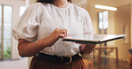 Business woman, hands and tablet for research, website and schedule planning in office. Networking, digital tech and communication for proposal, agenda and project management with app at workplace