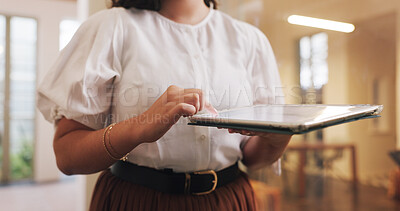 Buy stock photo Business woman, hands and tablet for research, website and schedule planning in office. Networking, digital tech and communication for proposal, agenda and project management with app at workplace