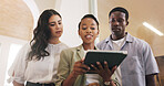 Feedback, tablet and people with meeting in agency, proposal planning and copywriting guidelines update. Advice, discussion or project manager with staff for review, tech or teamwork for optimization