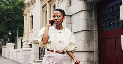 Buy stock photo Business, black woman and phone call with suitcase outdoor for travel, discussion and work trip. Person, walking and luggage with mobile to contact airport, confirm booking and navigation assistance