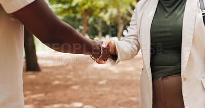 Buy stock photo Business people, meeting and nature with handshake for eco friendly development or partnership. Employees, NGO or shaking hands with introduction or teamwork for outreach campaign or project in park