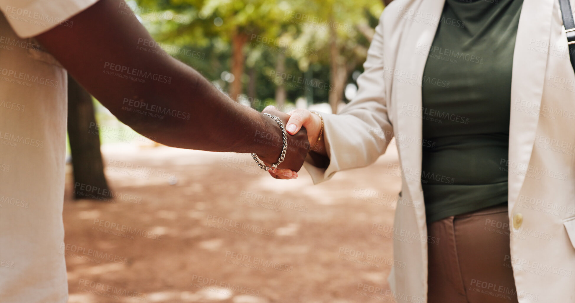 Buy stock photo Business people, meeting and nature with handshake for eco friendly development or partnership. Employees, NGO or shaking hands with introduction or teamwork for outreach campaign or project in park