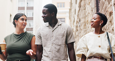 Buy stock photo City, business people and talk with team, walk and marketing idea on morning commute. Smile, group and collaboration with workers outdoor for advertising feedback, travel and conversation with coffee