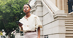 Waiting, phone and business woman on city street, digital lift request and transport app for commute. Outdoor, mobile and black person with patience at pickup point, track arrival and search for ride