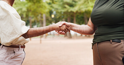 Buy stock photo Handshake, meeting and thank you with business people in park for b2b agreement or partnership. Collaboration, deal and welcome with employee team shaking hands outdoor for opportunity or support