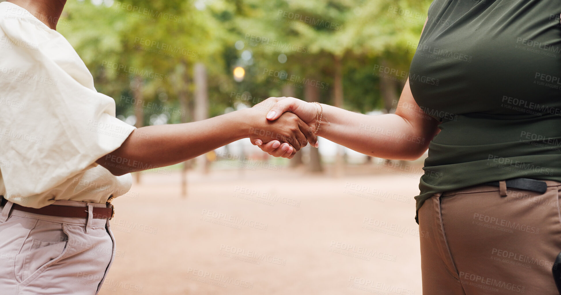 Buy stock photo Handshake, meeting and thank you with business people in park for b2b agreement or partnership. Collaboration, deal and welcome with employee team shaking hands outdoor for opportunity or support
