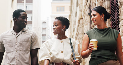 Buy stock photo City, business people and talk with group, walk and marketing idea on morning commute. Smile, team and collaboration with workers outdoor for advertising feedback, travel and conversation with coffee