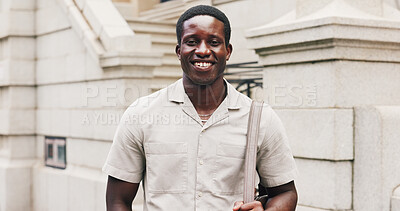 Buy stock photo Business, portrait or black man outdoor with commute, ambition or morning travel in work routine. Happy, journey or employee in town with bag, pedestrian trip or career pride at start of day.