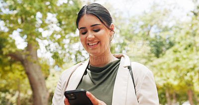 Buy stock photo Park, smile or business woman with phone, client communication or check hearing schedule for case. Contact, outdoor or lawyer with mobile for lawsuit update email, review court brief or trial summary