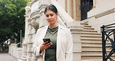 Buy stock photo Message, review or woman in town with communication, agenda change or email response on commute. Texting, networking or employee with tech, schedule update or digital connection in city travel.